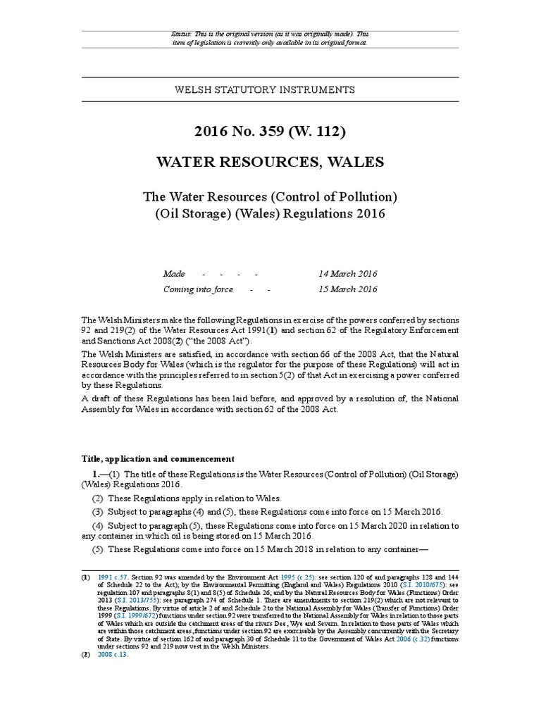 The Water Resources (Control of Pollution) (Oil Storage) (Wales) Regulations 2016 PDF Leak