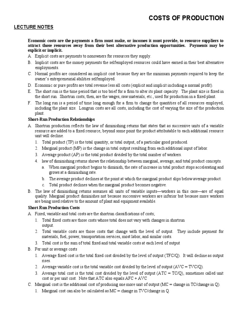 Costs of Production: Lecture Notes | PDF | Average Cost | Marginal Cost