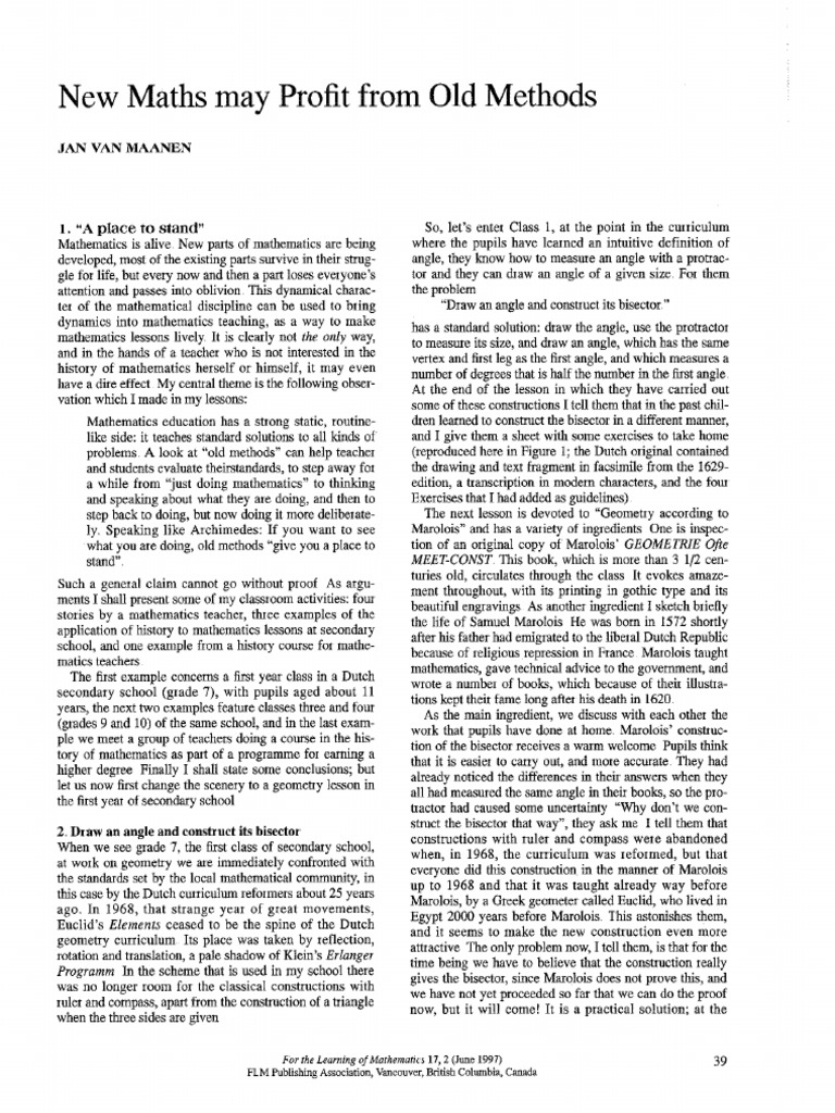 New Maths May Profit From Old Methods: 1. 