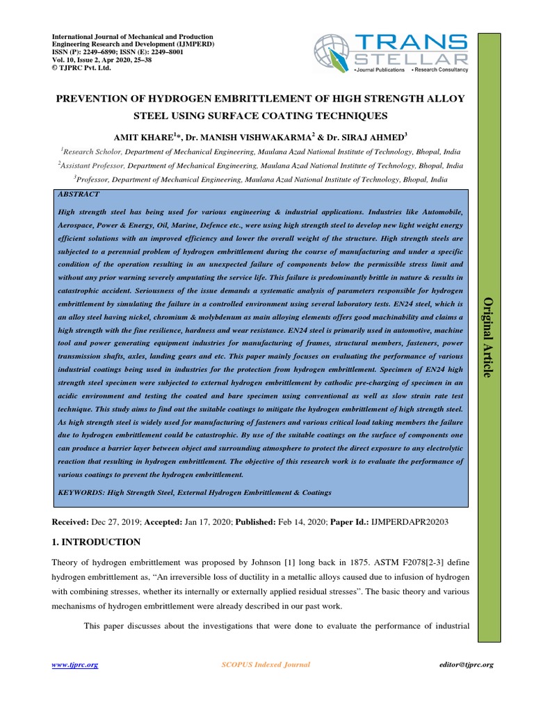 Prevention of Hydrogen Embrittlement of High Strength Alloy Steel Using ...