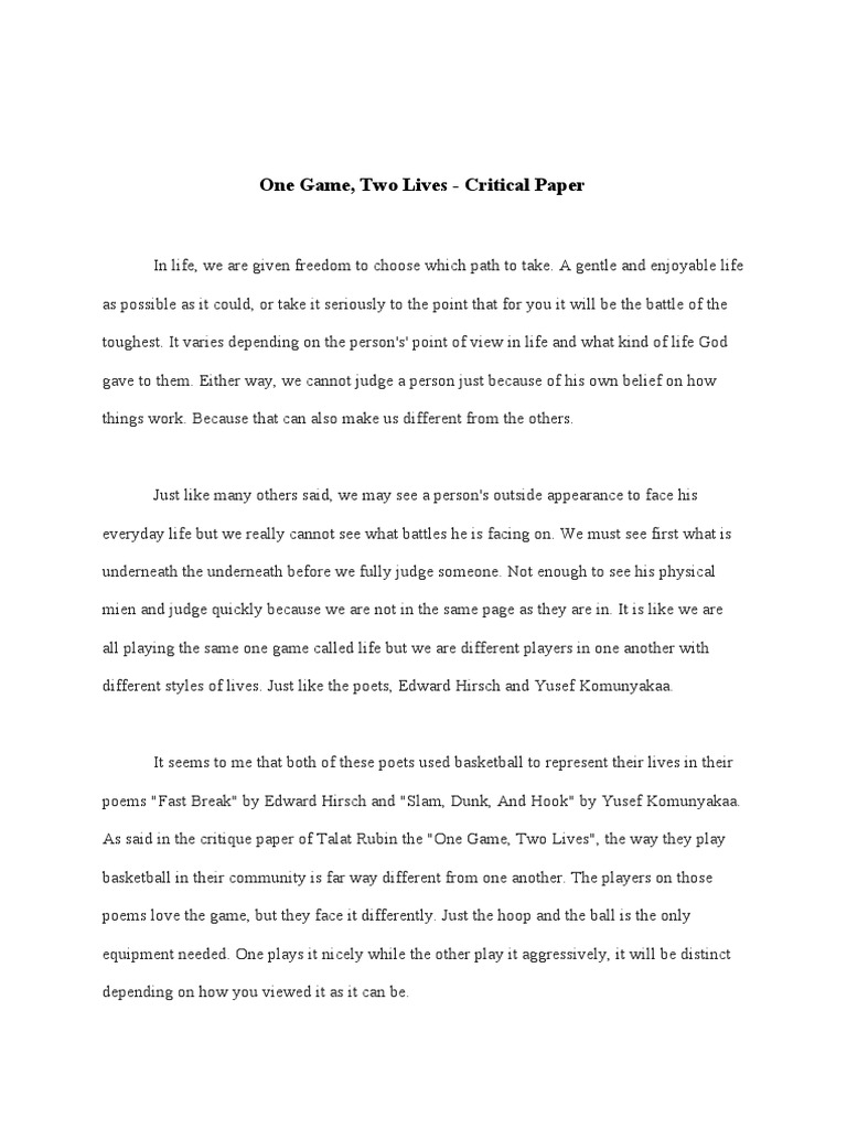 One Game Two Lives Critical Paper