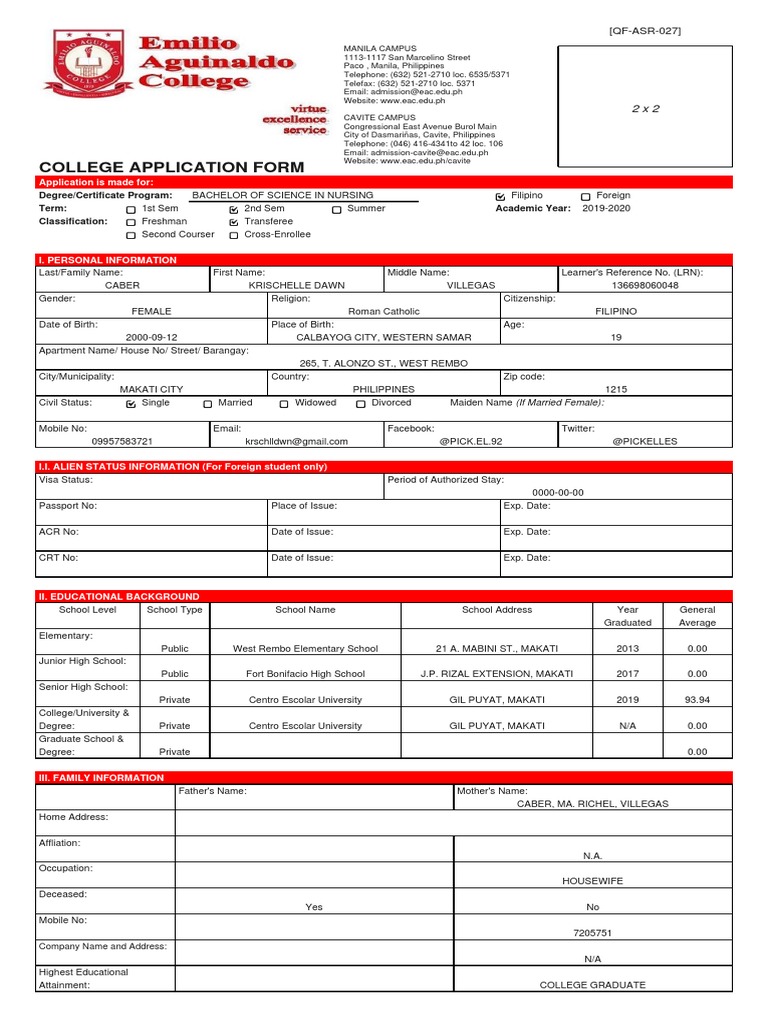 EAC-application Form College | PDF | Makati | Social Institutions