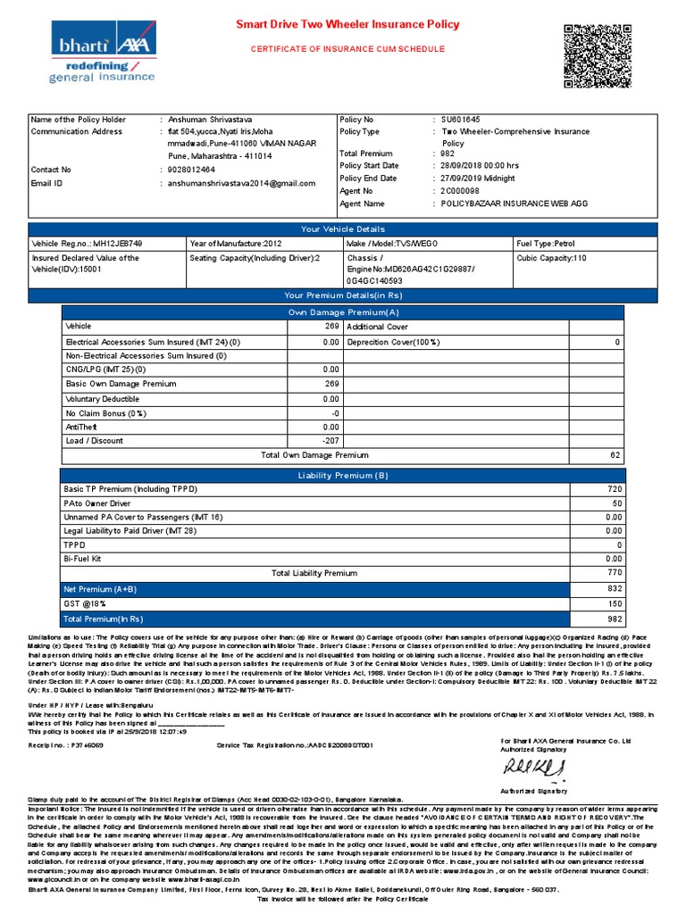 Two Wheelar Policy PDF | PDF | Deductible | Insurance