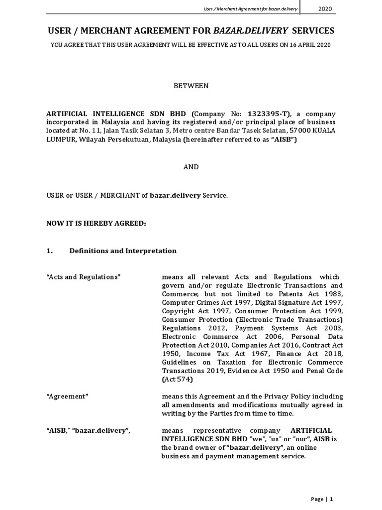 User / Merchant Agreement For Bazar - Delivery Services | PDF | Credit ...