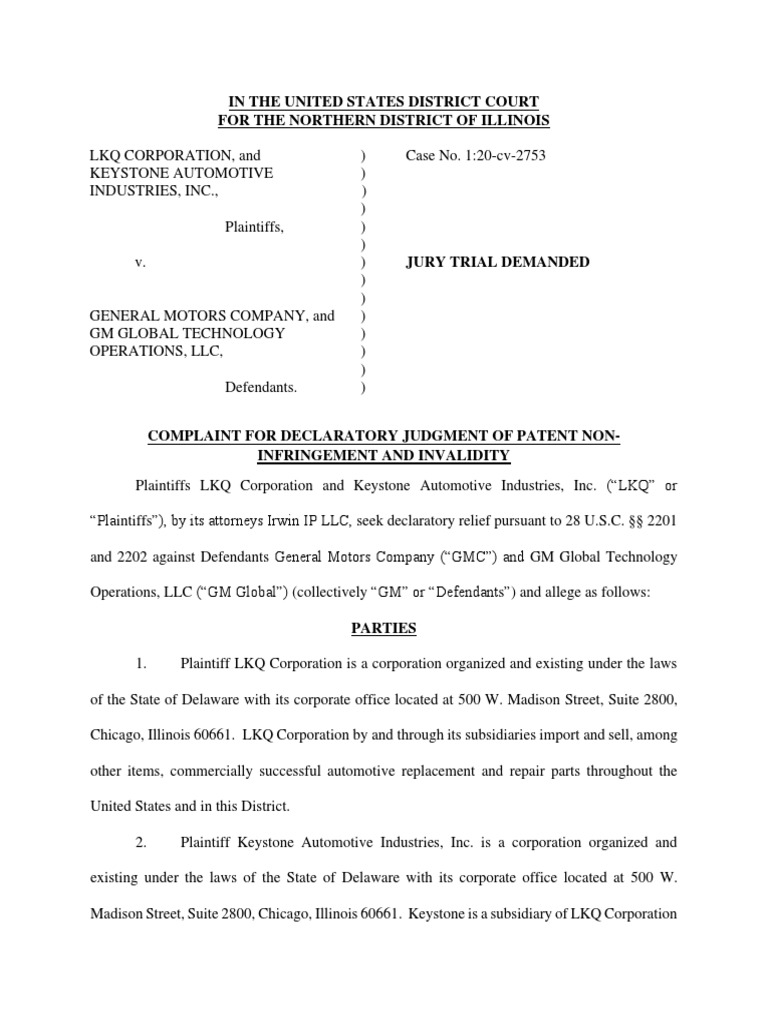 LKQ v. General Motors Complaint PDF Prior Art Declaratory Judgment