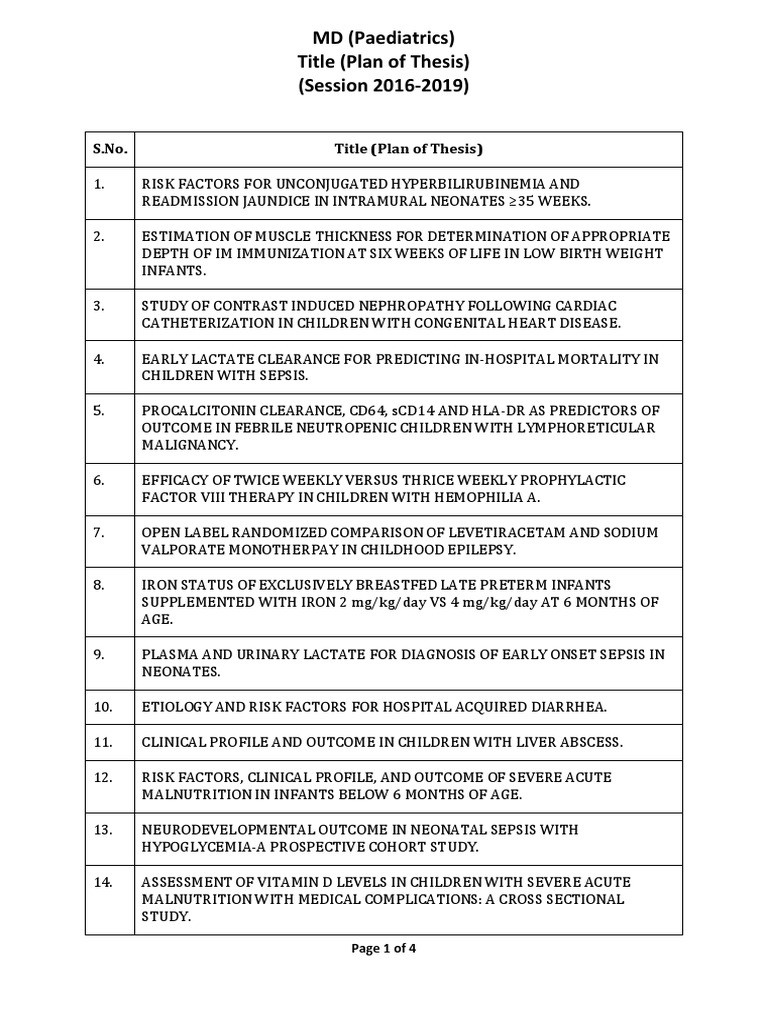 Proposed Thesis Topics for a Paediatric MD Program (20162019) PDF
