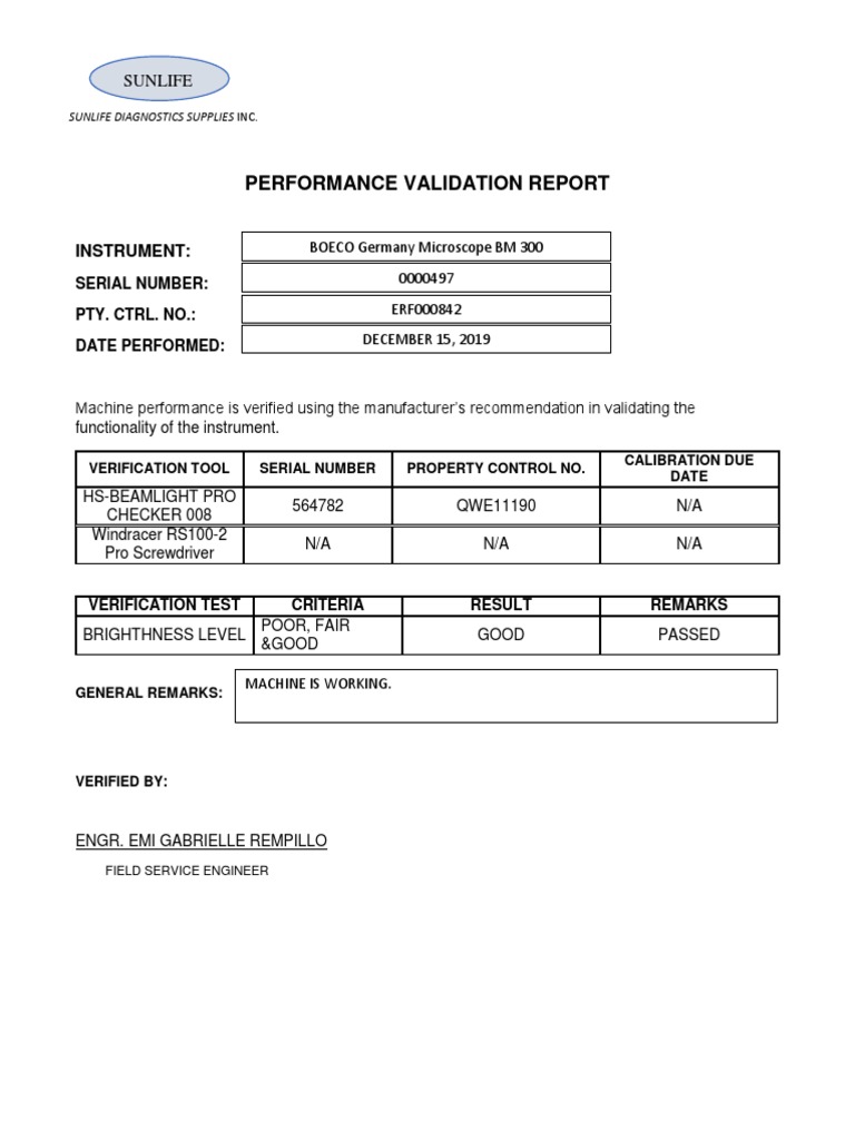 Performance Validation Report Sunlife PDF Centrifuge Calibration