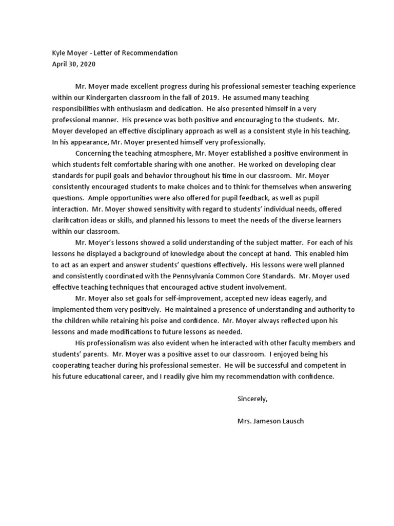 Kyle Moyer Letter of Recommendation | PDF | Classroom | Teachers