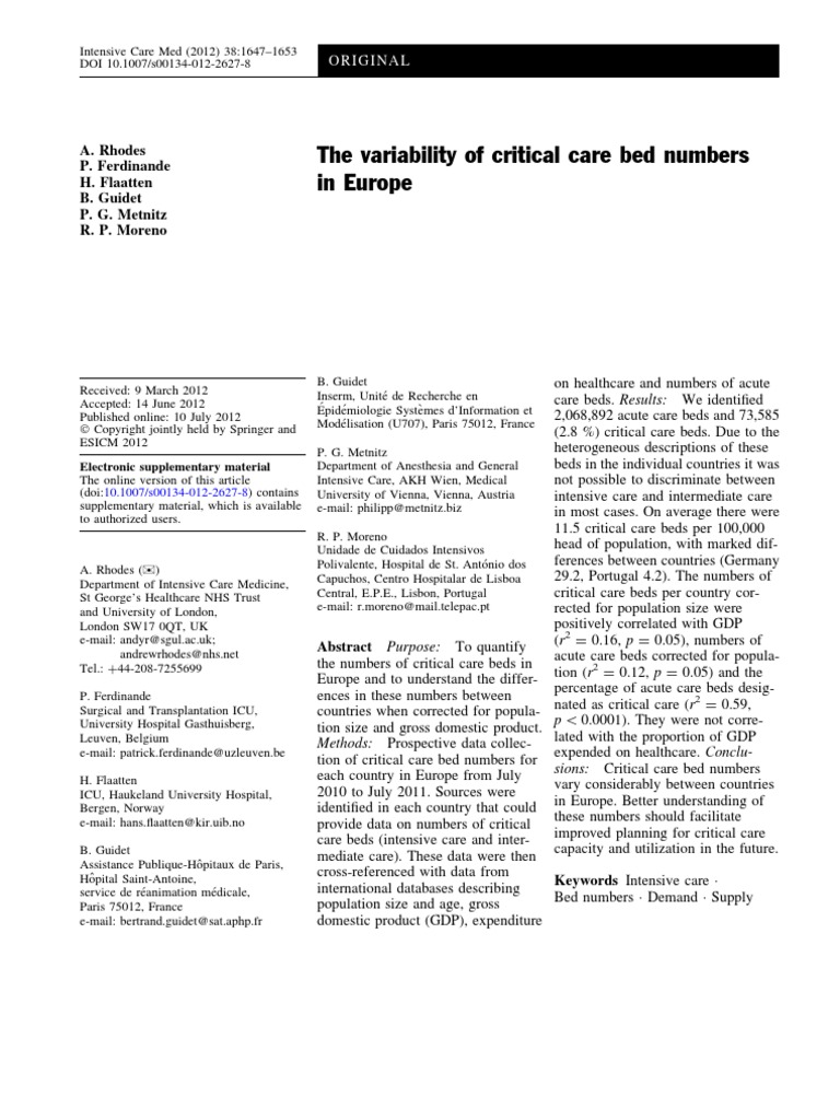 The Variability of Critical Care Bed Numbers in Europe Original PDF Intensive Care Medicine