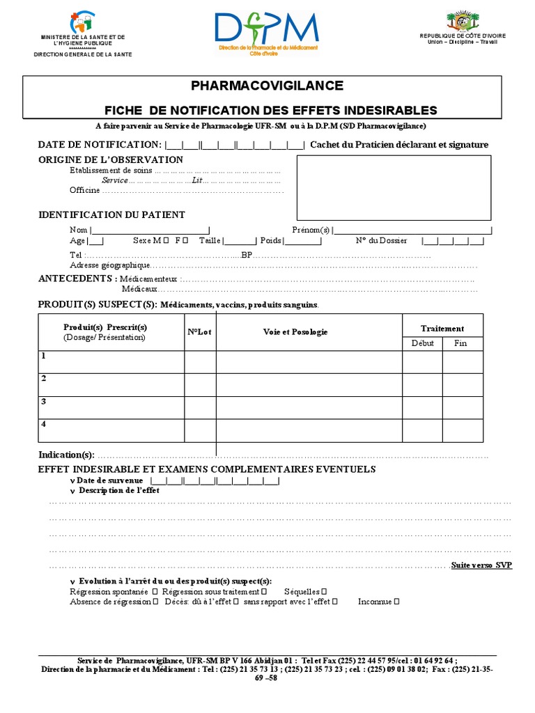 Fiche de Notification des Effets Indésirables | PDF | Pharmacovigilance ...