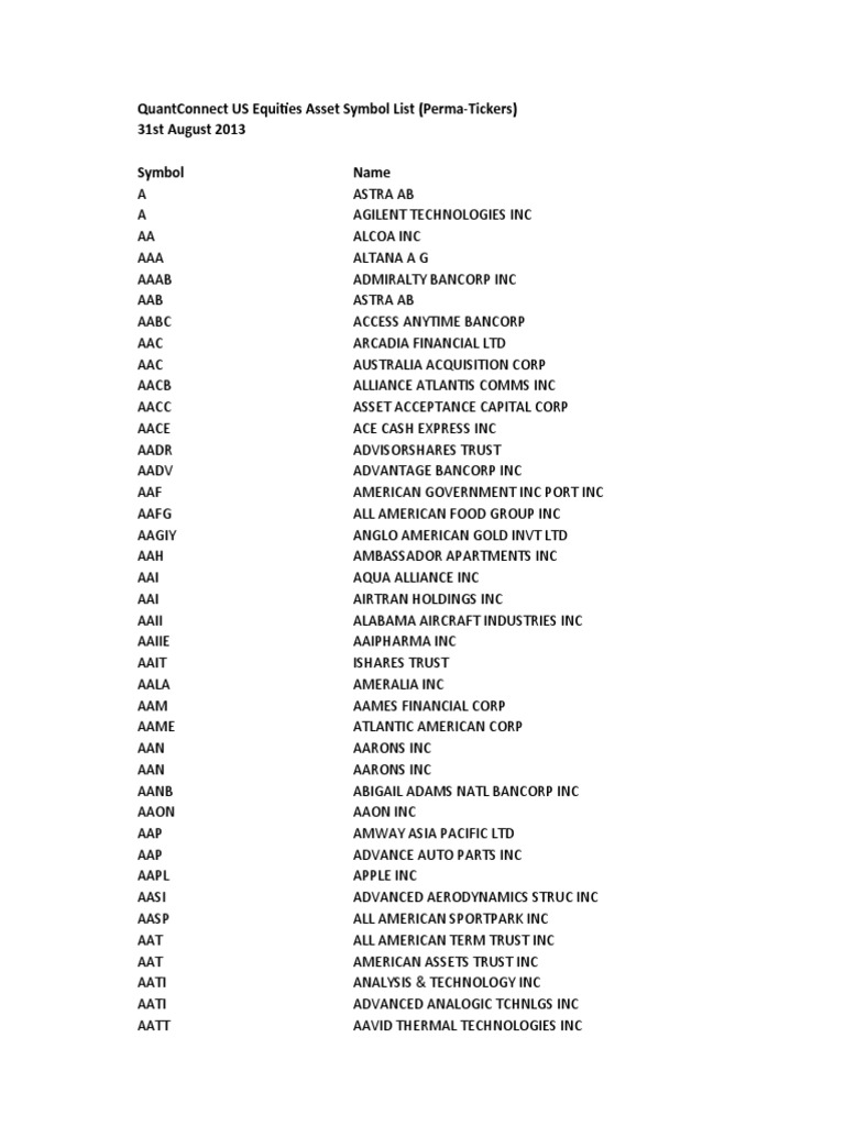 QuantConnect US Equities Asset List, PDF