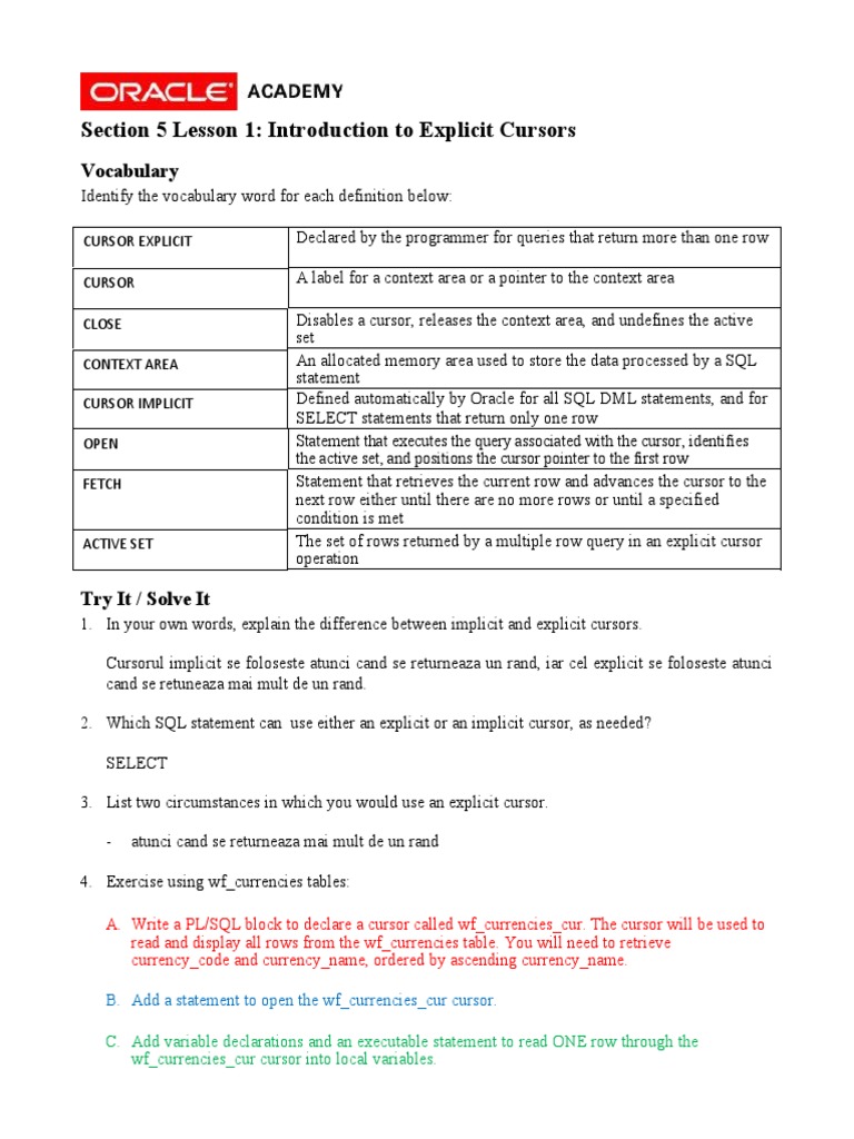 Section 5 Lesson 1: Introduction To Explicit Cursors: Vocabulary | PDF ...
