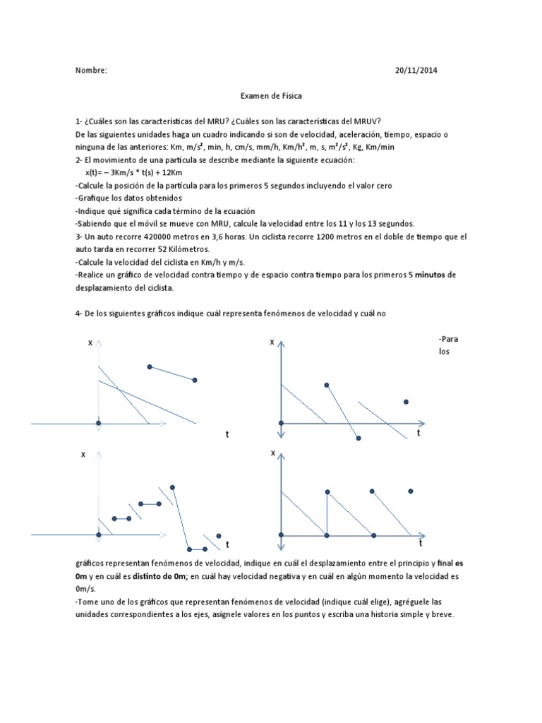 Examen de Física MRU, MRUV y Tiro Vertical PDF Aceleración Velocidad