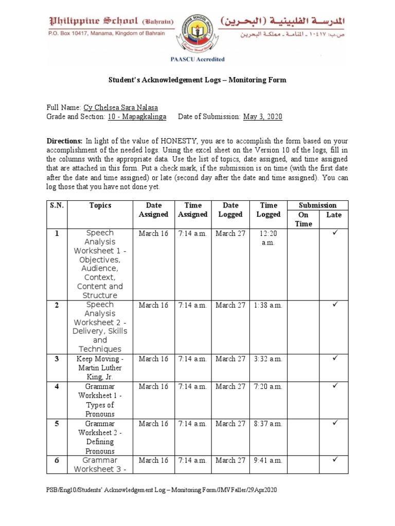 Student's Acknowledgement Logs - Monitoring Form | PDF | Worksheet | Essays