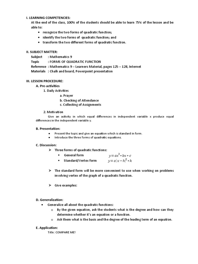 Forms of Quadratic Function | PDF | Quadratic Equation | Function ...