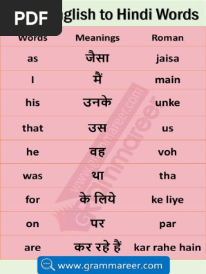 Hindi word meaning in List of
