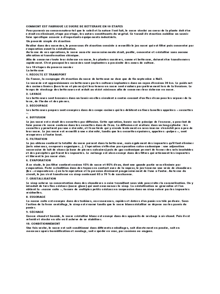 Le Sucre de Betterave en 10 Étapes | PDF | Betterave sucrière | Sucre