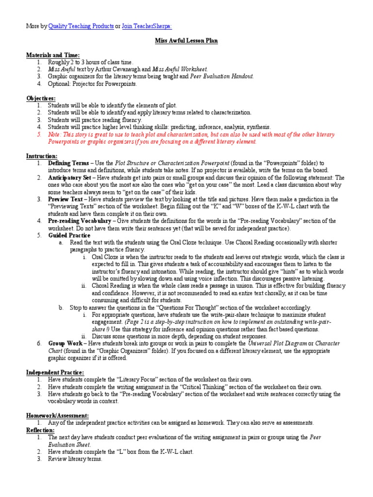 Quality Teaching Products Join Teachersherpa:: Miss Awful Lesson Plan ...