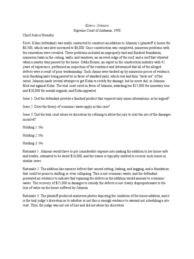 Kohn v. Johnson Case Brief PDF Damages Lawsuit