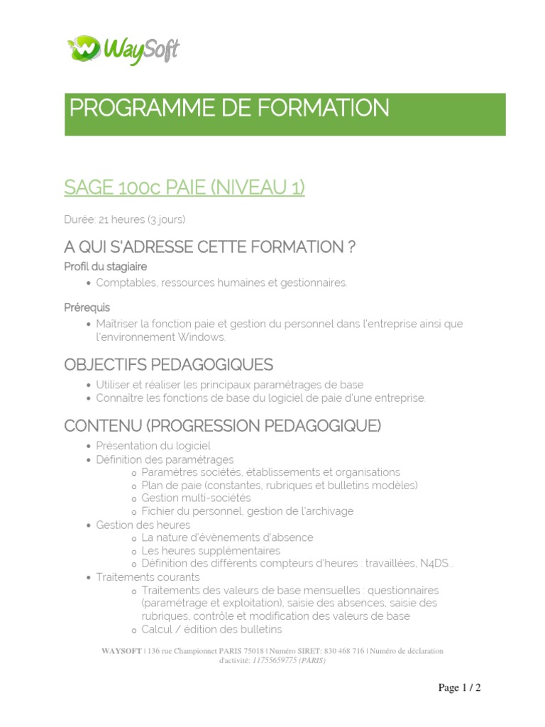 Plan de Formation Sage Paie Niveau 1 PDF | PDF | Gestion des ressources  humaines | Pédagogie