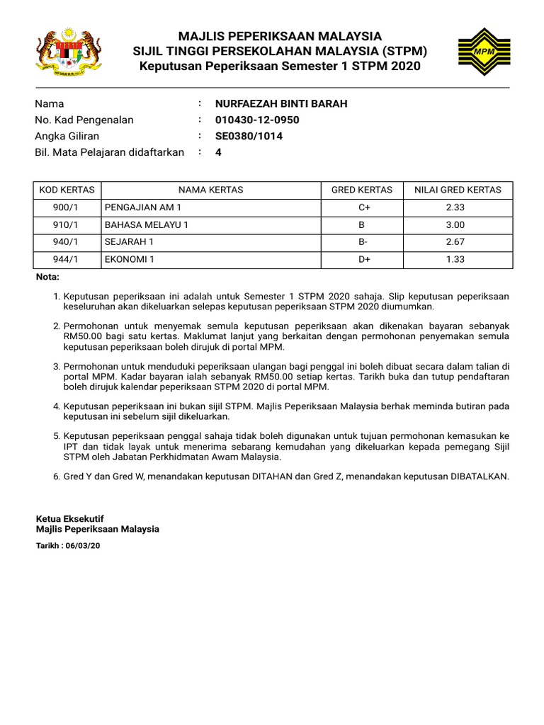 Keputusan ulangan sem 1 stpm 2020