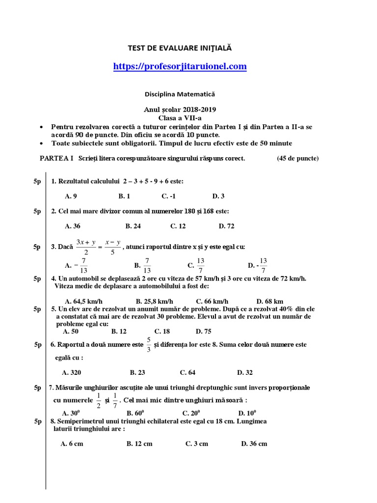 Test de Evaluare Intiala Clasa A 7 A Matematica 1 PDF | PDF