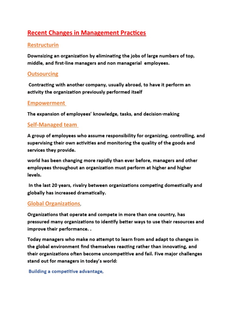 Recent Changes in Management Practices: Restructurin | PDF | Goal ...