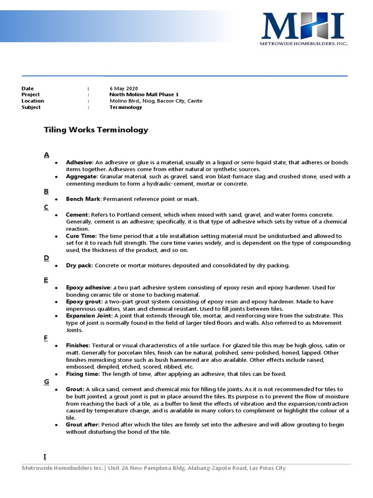 Tiling Works Terminology Guide | PDF | Adhesive | Tile
