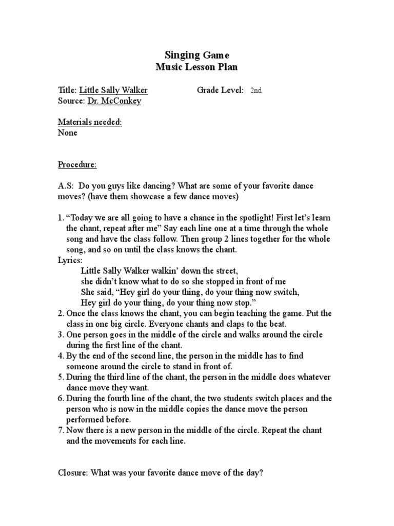 Little Sally Walker Singing Game PDF PDF Learning Psychological