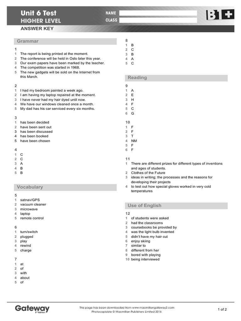 Gateway B1 Workbook Answers Unit 6