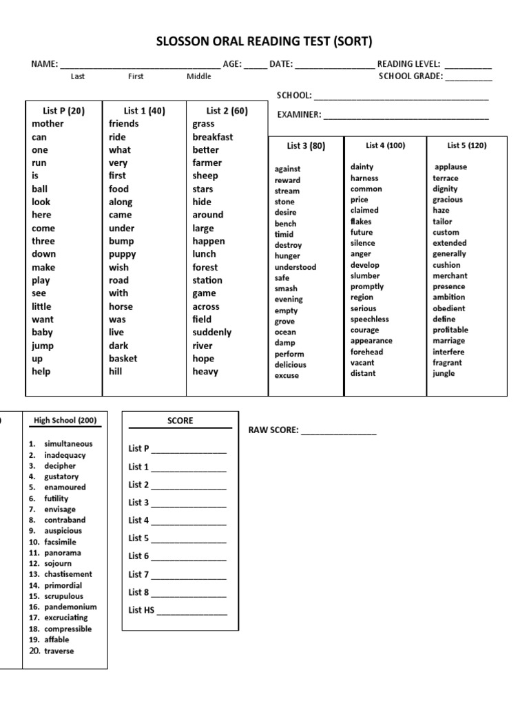 Slosson Oral Reading Test (Sort) : Last First Middle | PDF | Nature for Free Printable Reading Level Test