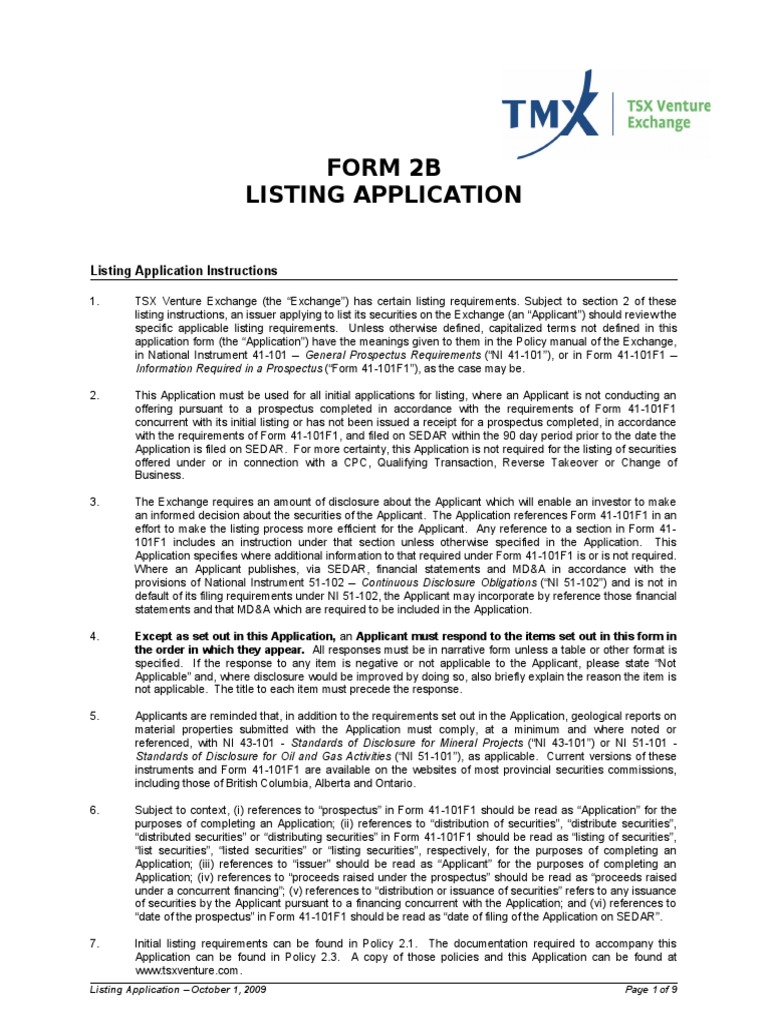 Form 2B Listing Application | PDF | Prospectus (Finance) | Securities ...