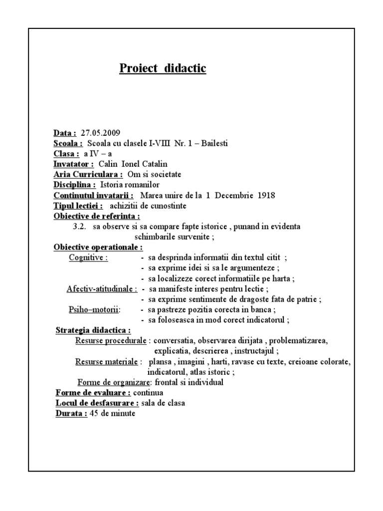 Proiect Didactic Istorie