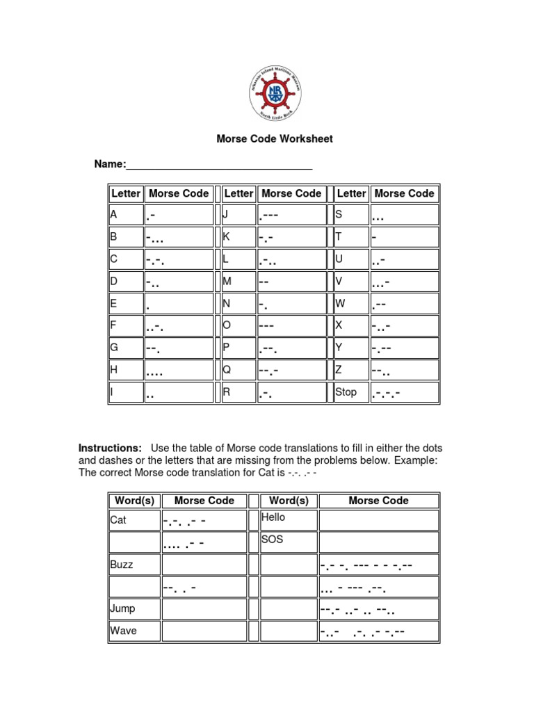 Morse Code Worksheet PDF | PDF | Ships | Transport for Morse Code Printable Pdf Free Download