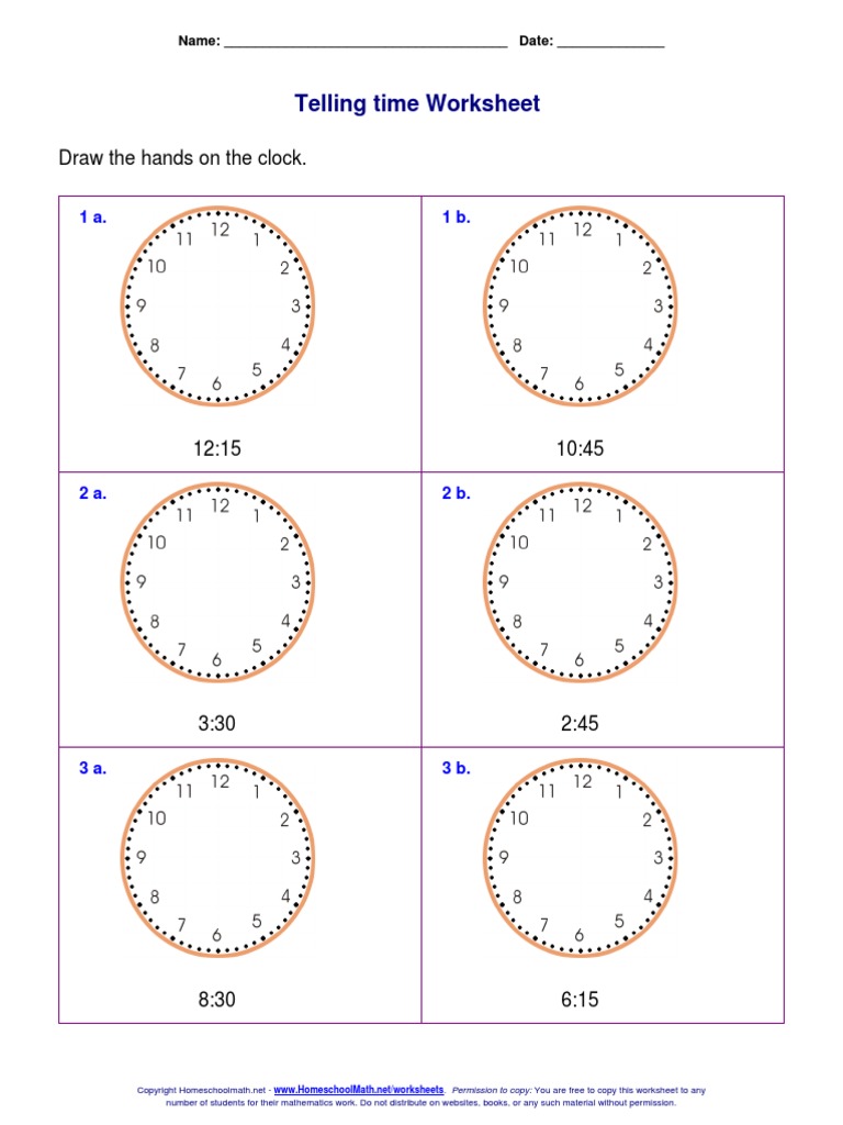 Telling Time Worksheet: Draw The Hands On The Clock | PDF