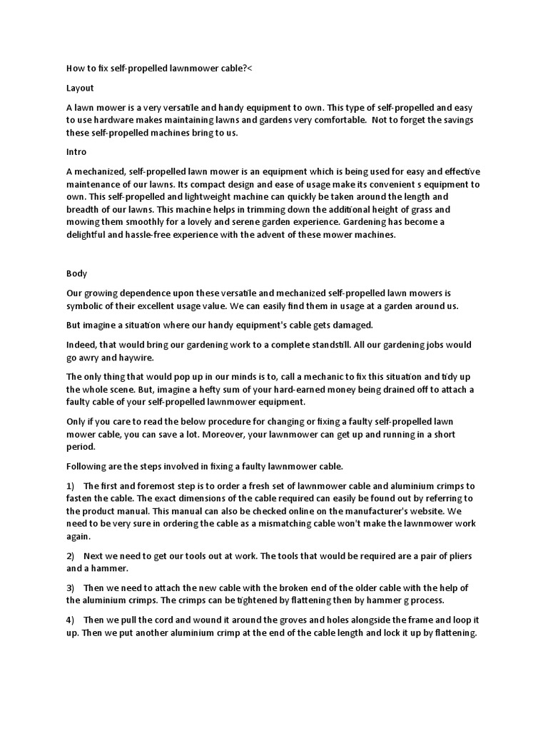 SelfPropelled Lawn Mower Cable Repair PDF Lawn Mower