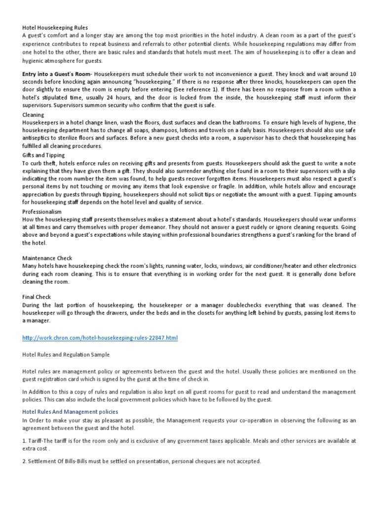 Hotel Housekeeping Rules and Policies | PDF | Gratuity | Housekeeping