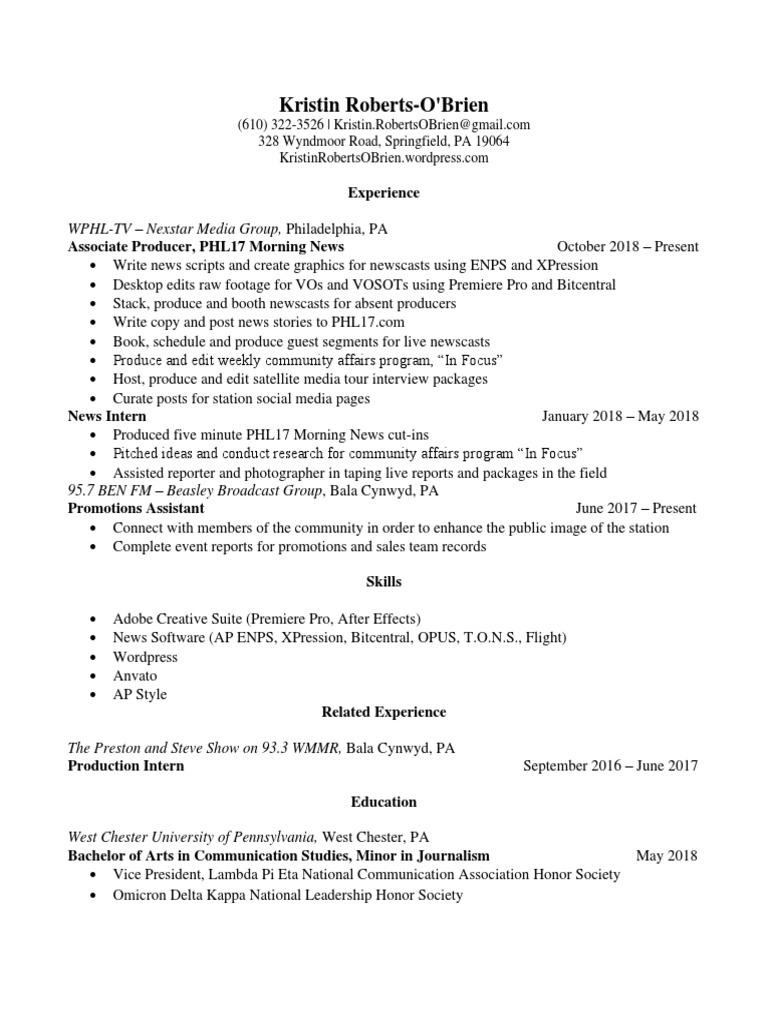 Kristin Roberts-O'Brien: Media Producer Resume | PDF