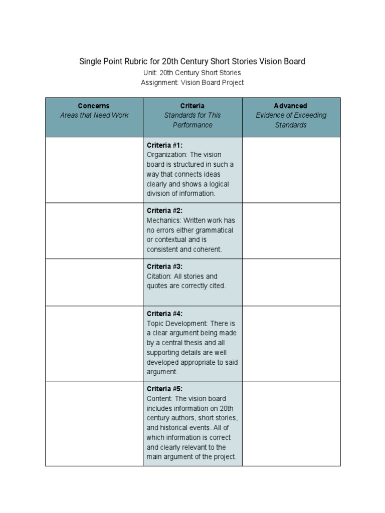 Single Point Rubric For th Century Short Stories Vision Board Argument Epistemology