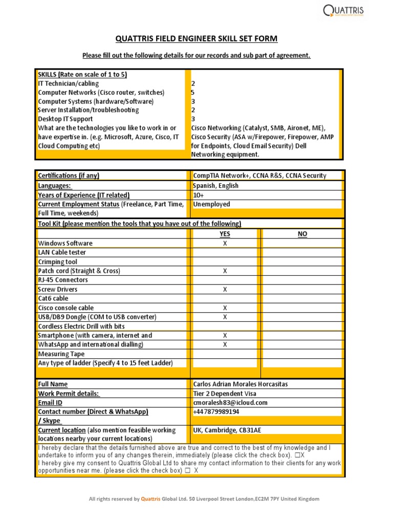 Quattris Skill Set Form 2020 | PDF | Cisco Certifications | Cisco Systems
