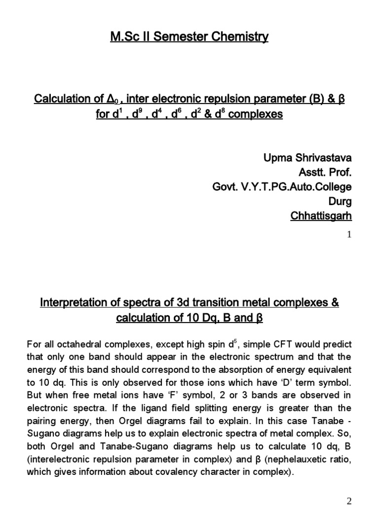 Calculation Of D0 Inter Electronic Repulsion Parameter B B For D1 D9 D4 D6 D2 D8 Complexes Coordination Complex Inorganic Chemistry