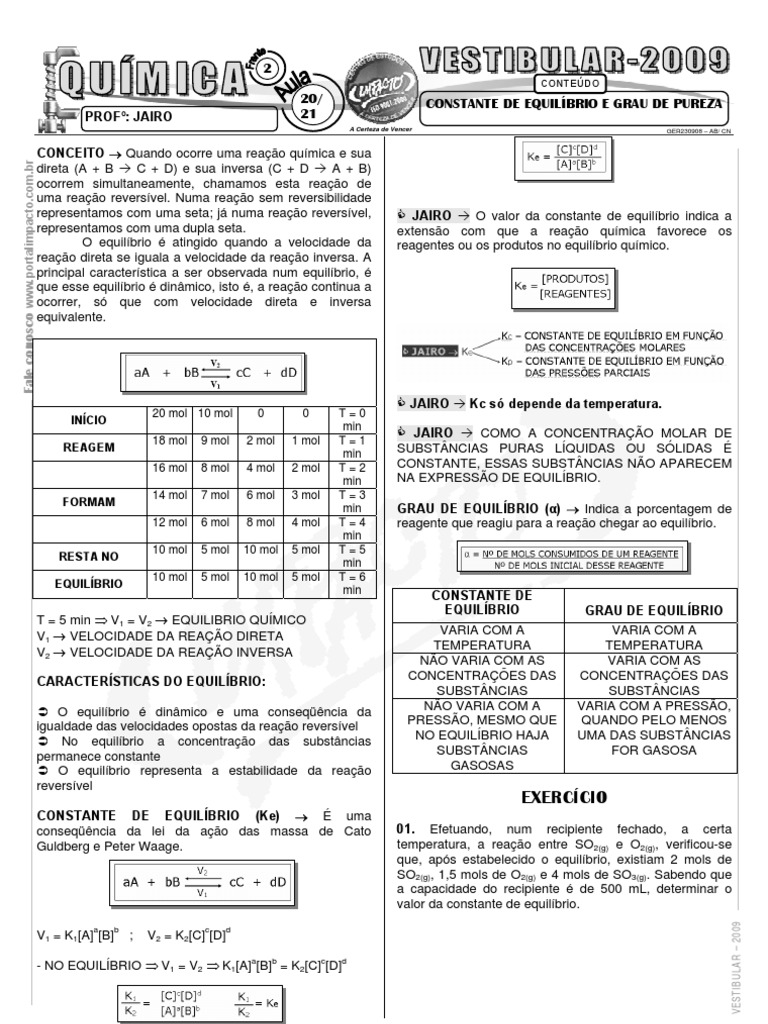 Constante de Equilíbrio e Grau de Pureza | PDF | Equilíbrio químico ...