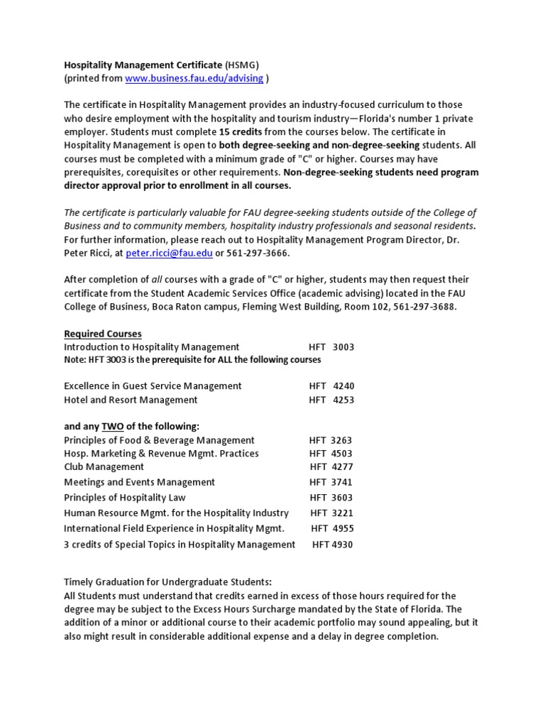 Certificate in Hospitality Management | Download Free PDF | Academic ...
