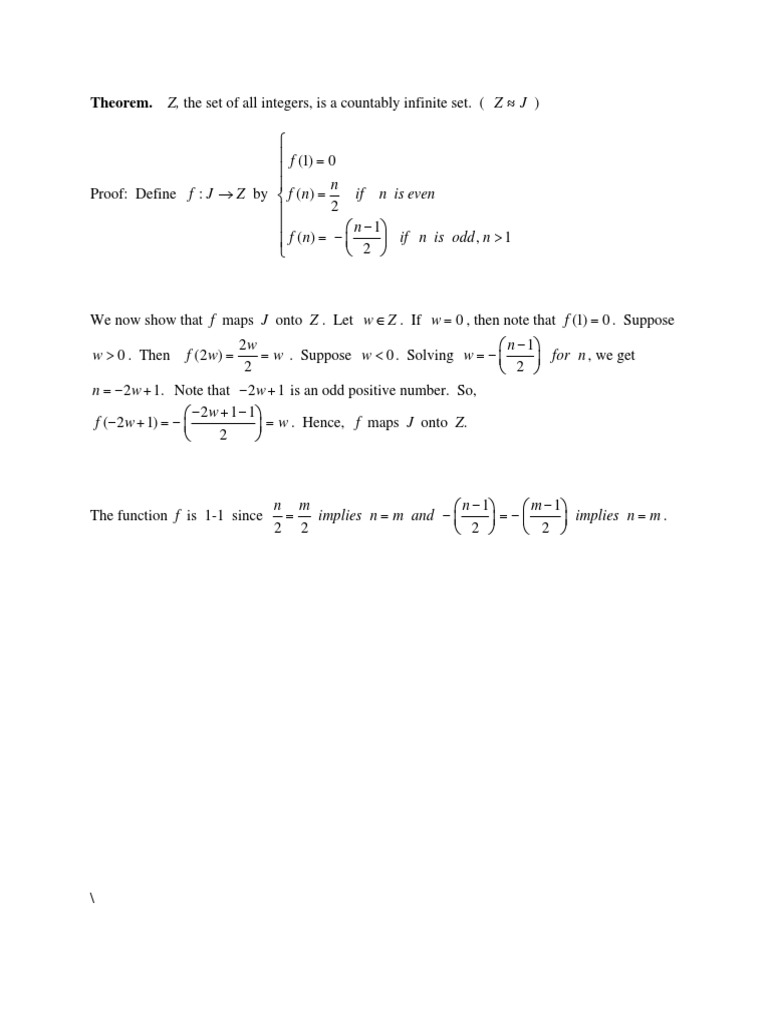 Theorem. Z, The Set of All Integers, Is A Countably Infinite Set. ( | PDF