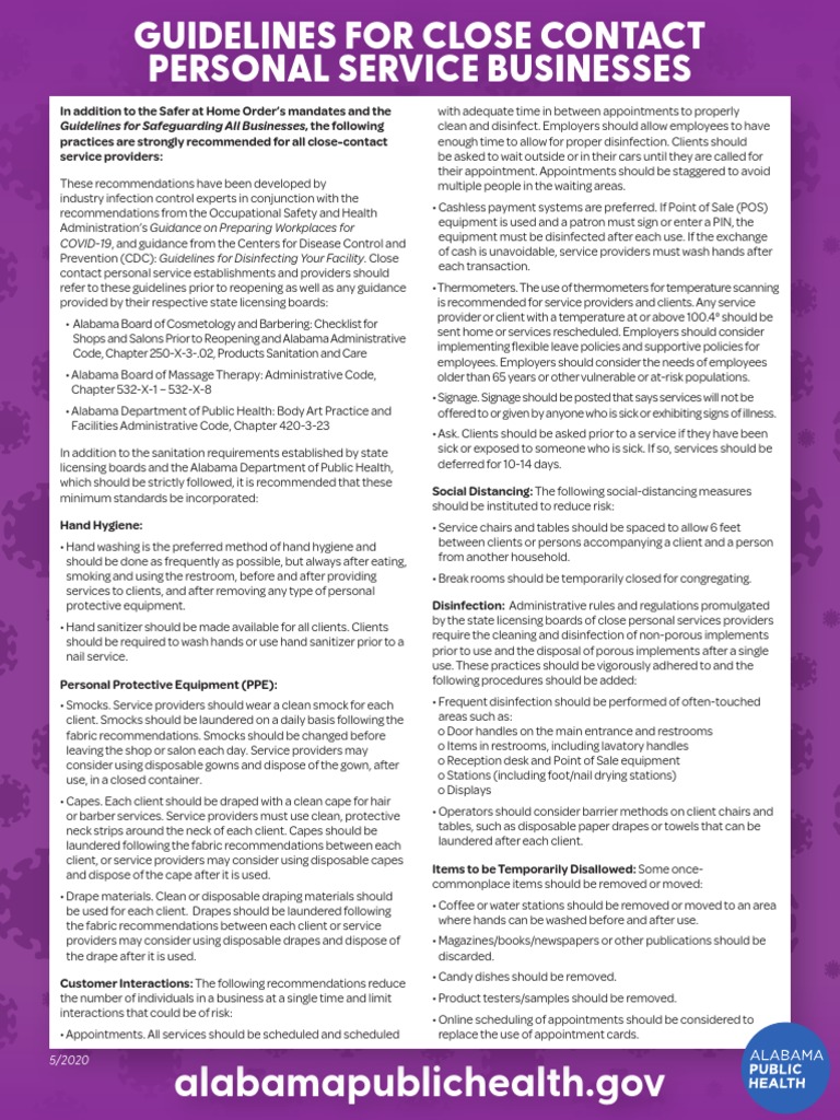 AL Safer at Home Guidelines For CloseContact Businesses May 11 2020
