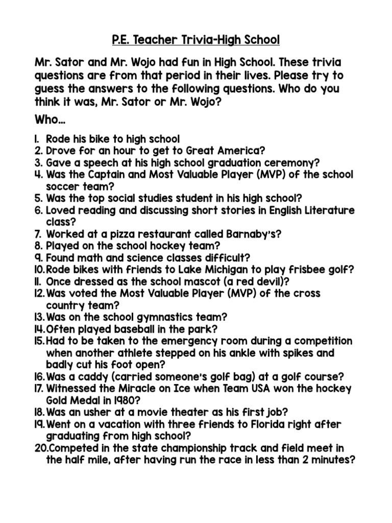 Pe Teacher TriviaHigh School PDF