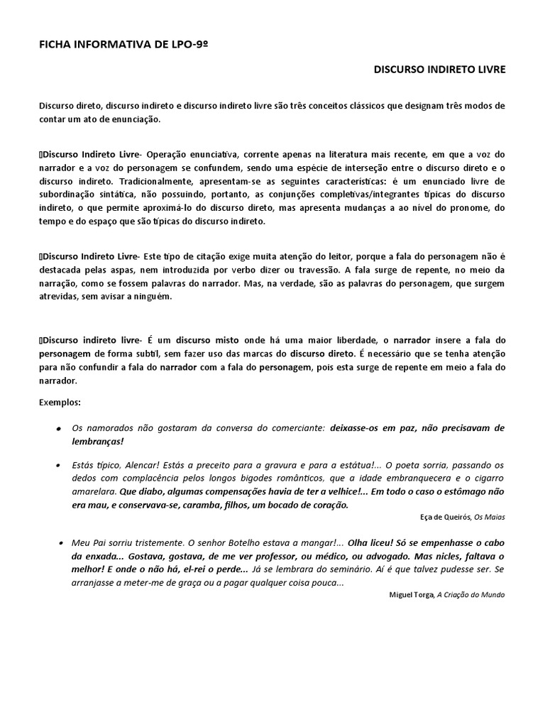 Discurso Indireto Livre: Definição e Exemplos | PDF | Discurso | Idiomas