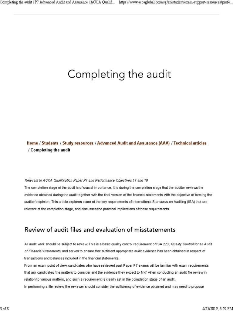 Completing The Audit P7 Advanced Audit And Assurance Acca