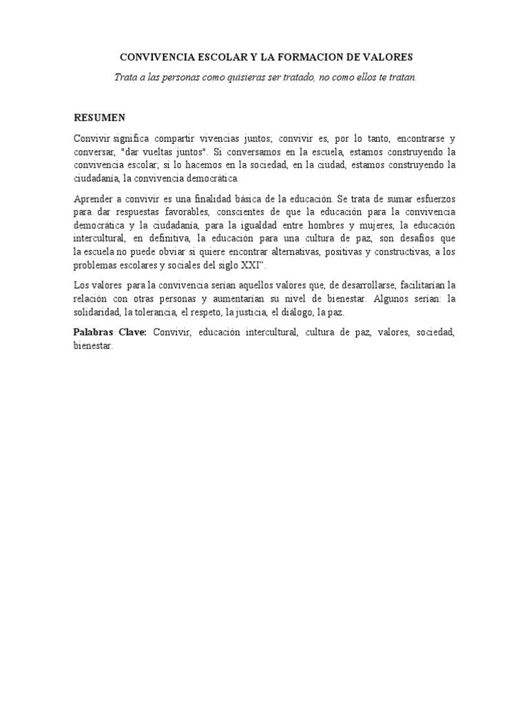 Formación de Valores en la Convivencia Escolar | PDF | Familia | Tolerancia