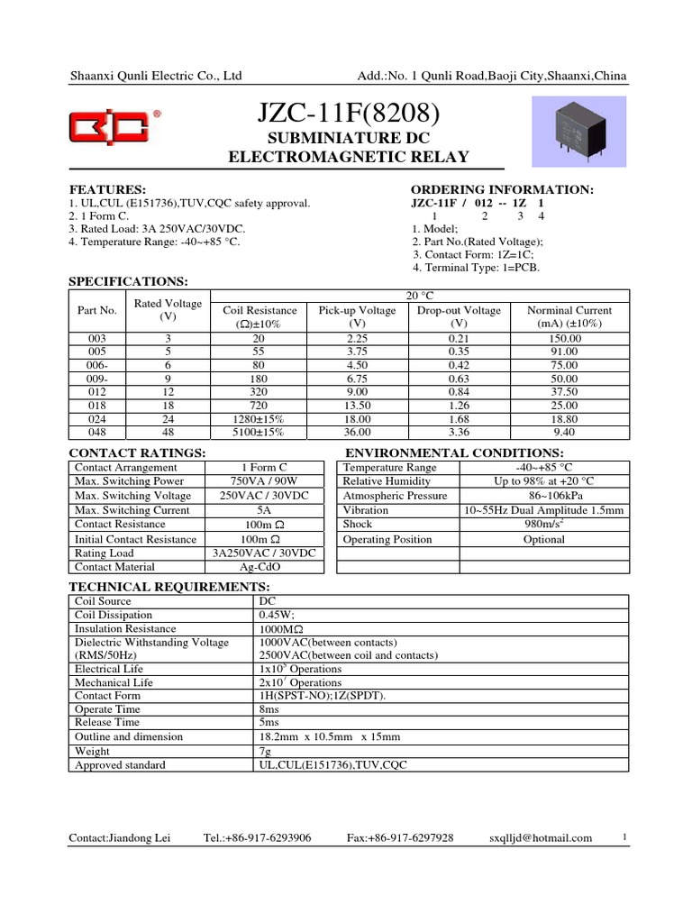 JZC11F (8208) Subminiature DC Relay PDF Relay